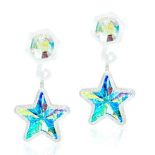 Load image into Gallery viewer, Iridescent star-shaped dangle earrings with crystal studs, vibrant blue and yellow accents
