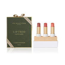 Load image into Gallery viewer, Lip trio with three lipsticks in a decorative box, featuring the brand 'Lék Beautifood'.